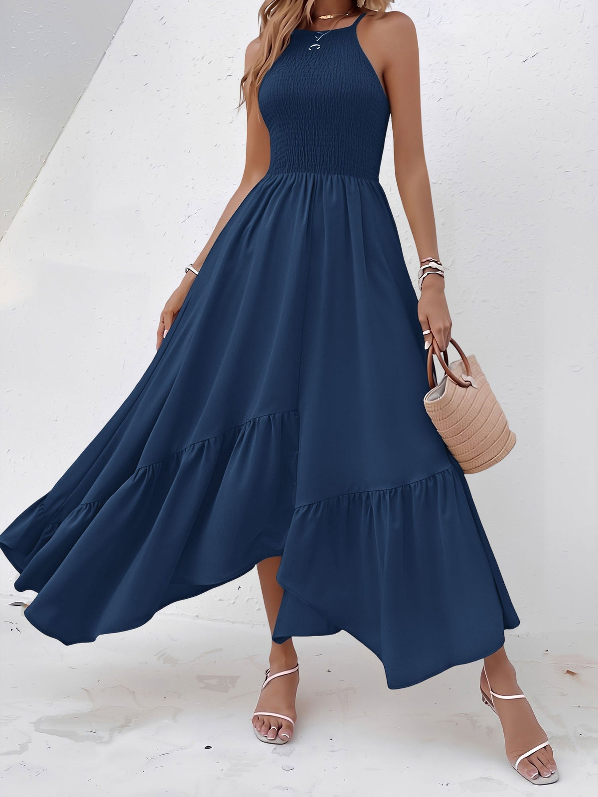 Spaghetti Strap Smocked Asymmetrical Hem Casual Dress