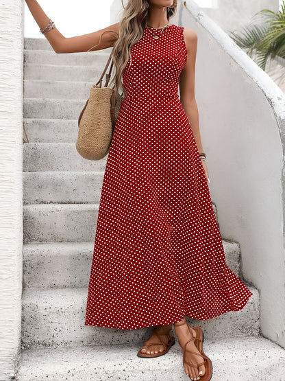 Sleeveless Backless Polka Dot A-Line Resort Dress
