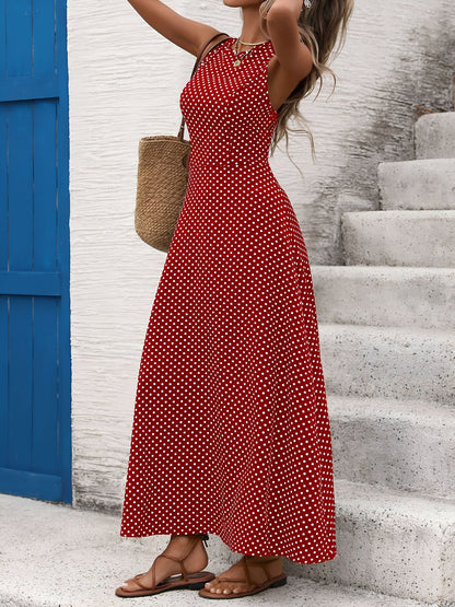 Sleeveless Backless Polka Dot A-Line Resort Dress