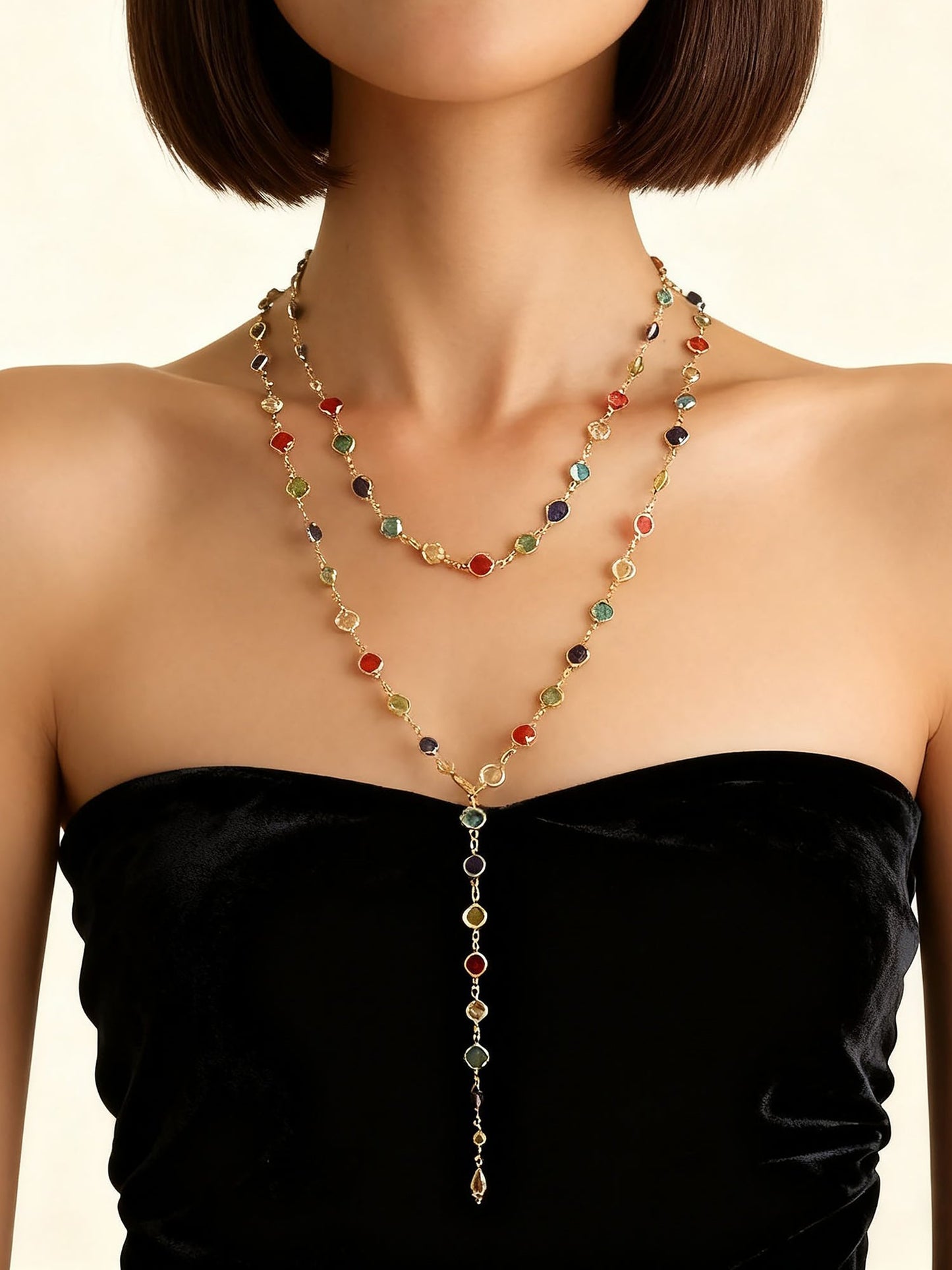 Colorful Rhinestones Multi-layered Long Y-shaped Necklace