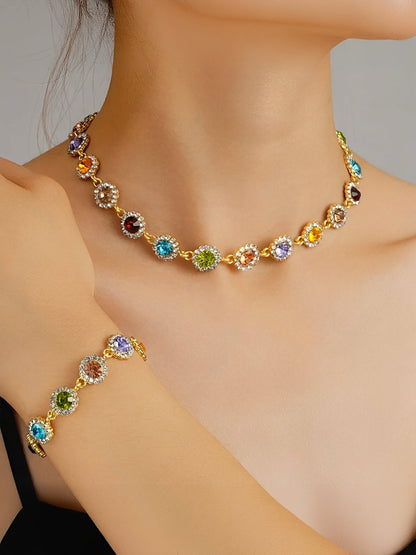 2 Pieces Colorful Zirconia Stylish Bracelet and Necklace Set
