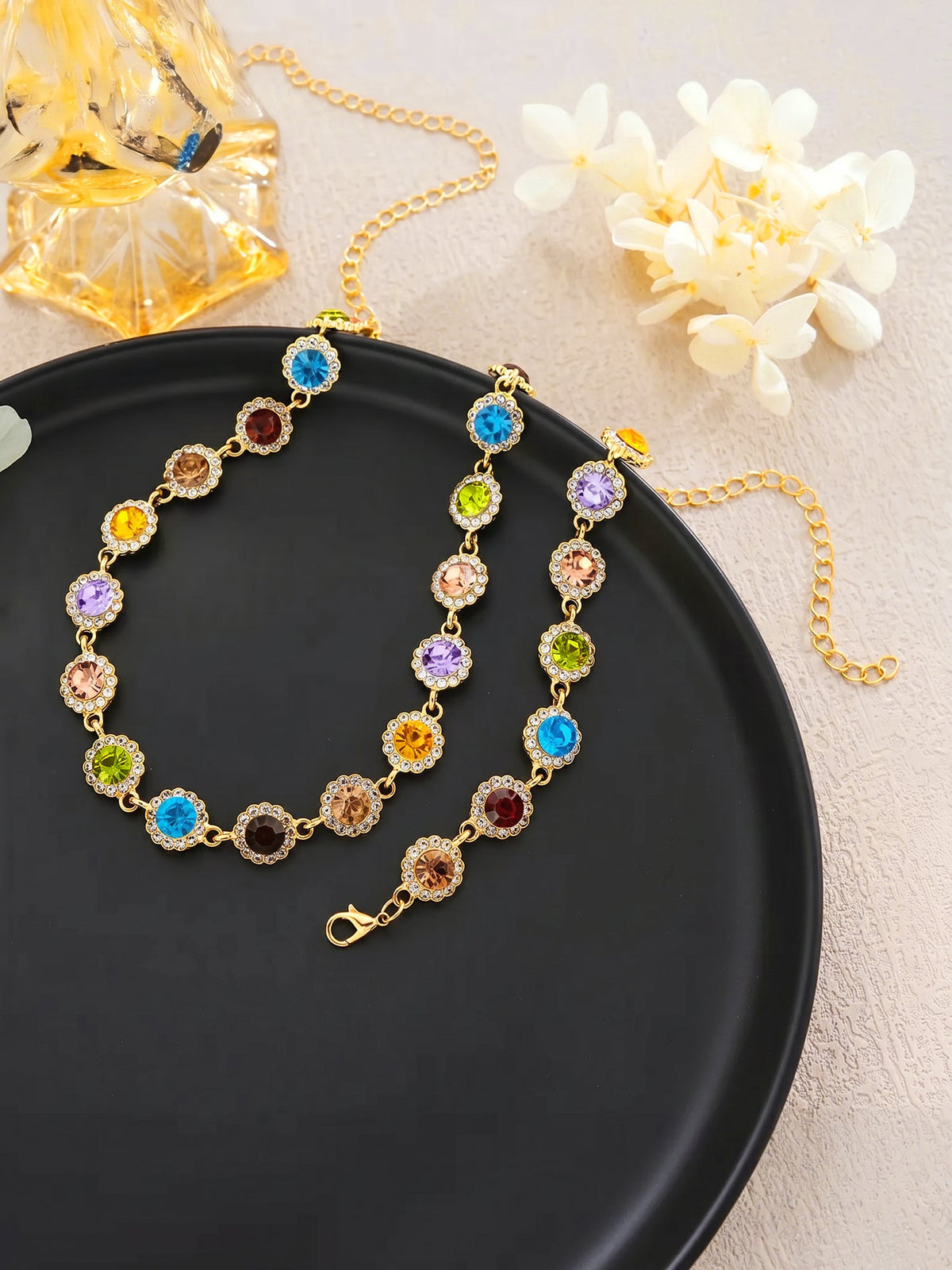 2 Pieces Colorful Zirconia Stylish Bracelet and Necklace Set