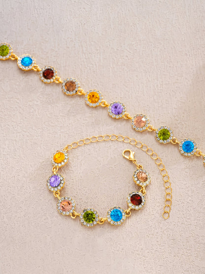 2 Pieces Colorful Zirconia Stylish Bracelet and Necklace Set