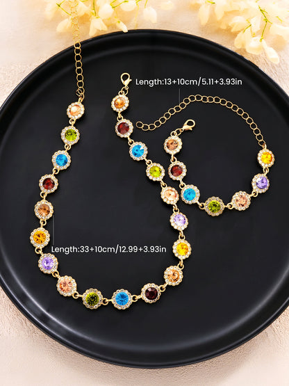 2 Pieces Colorful Zirconia Stylish Bracelet and Necklace Set
