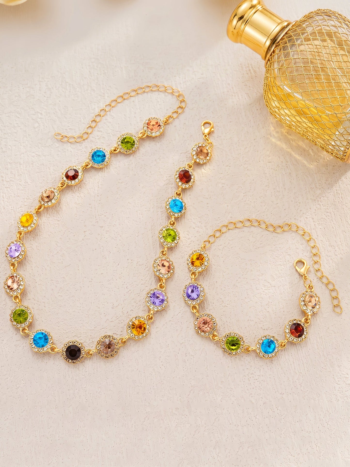 2 Pieces Colorful Zirconia Stylish Bracelet and Necklace Set