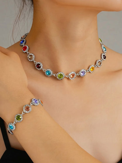 2 Pieces Colorful Zirconia Stylish Bracelet and Necklace Set