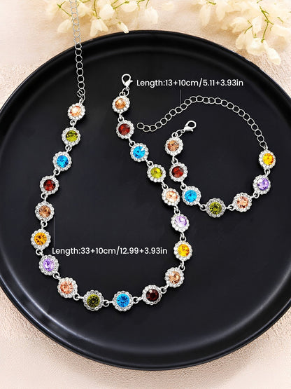 2 Pieces Colorful Zirconia Stylish Bracelet and Necklace Set