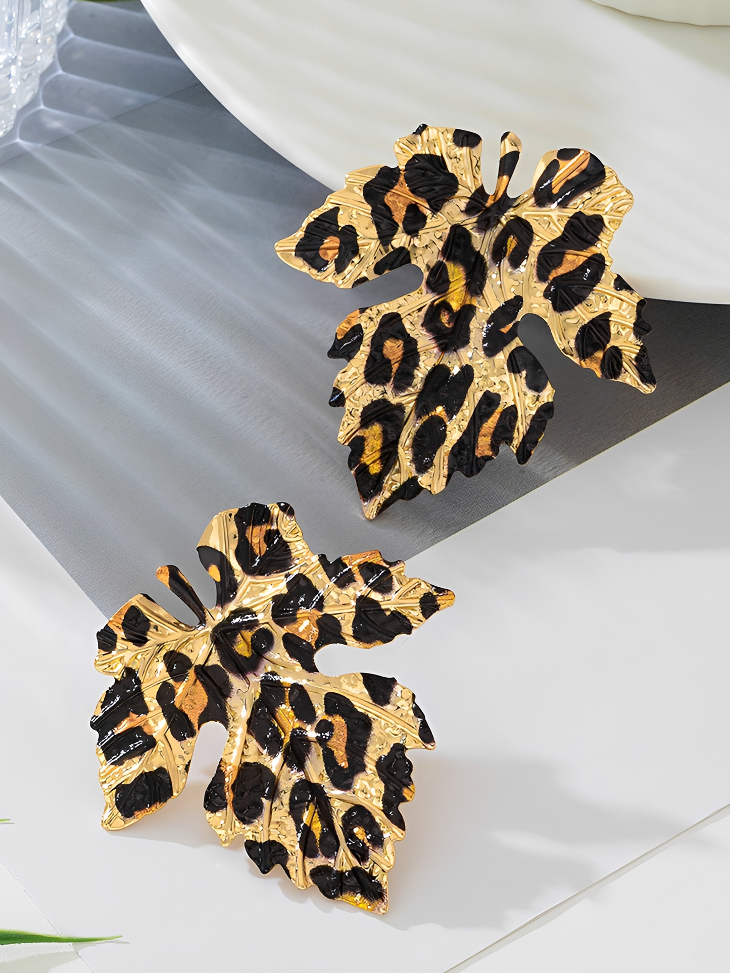 Leopard Print Leaf Shape Alloy Earrings