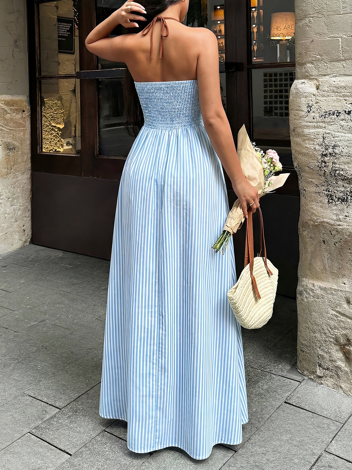Striped Halter Neck Smocked Backless Resort Dress