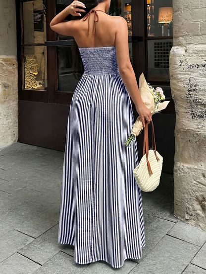 Striped Halter Neck Smocked Backless Resort Dress