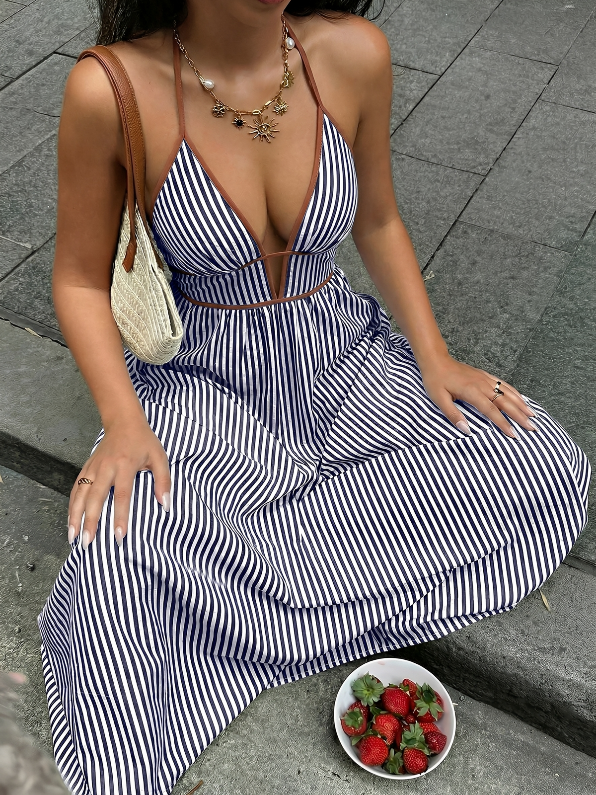 Striped Halter Neck Smocked Backless Resort Dress