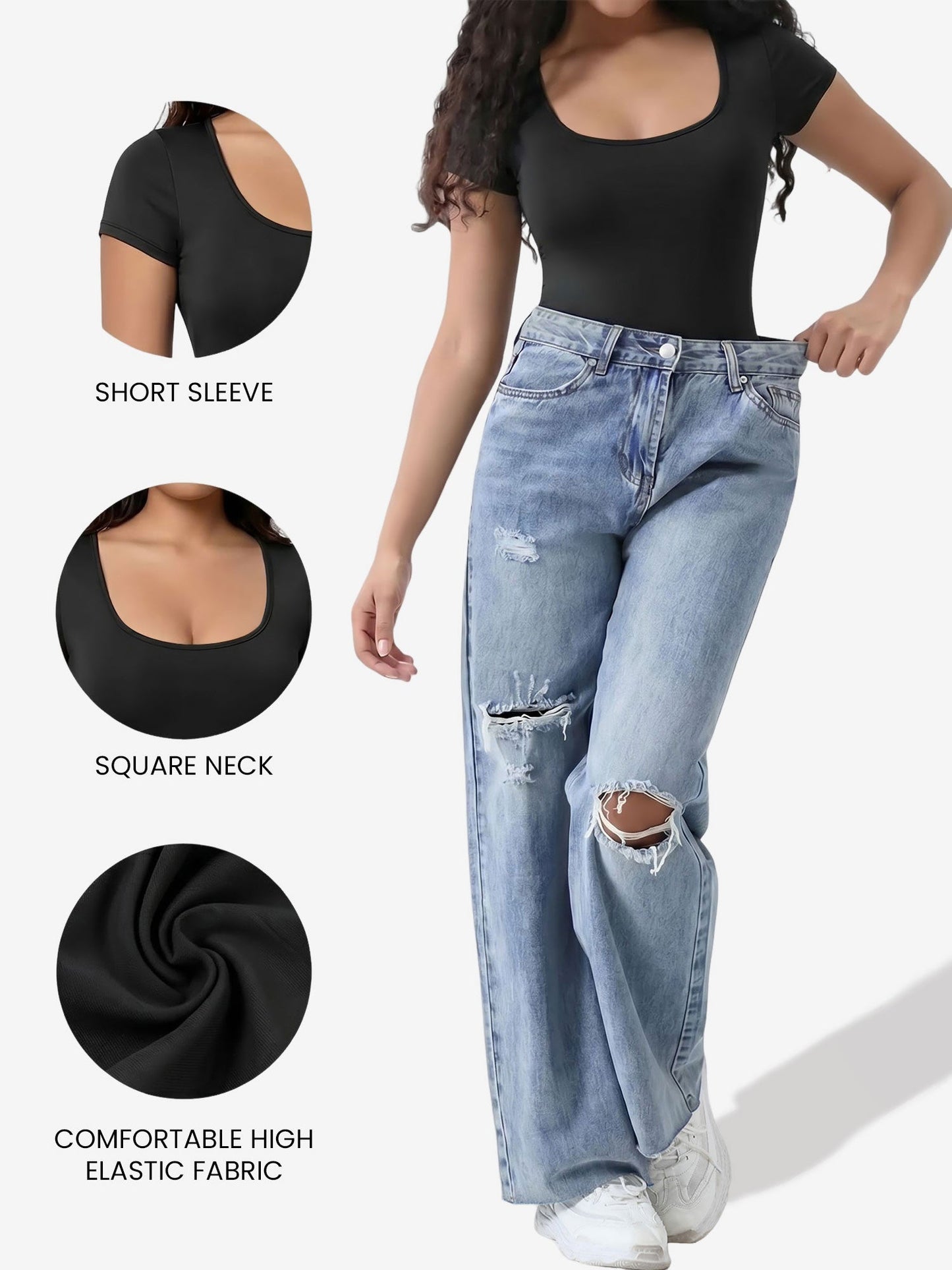 Square Neck Solid Color Short Sleeve Bodysuit