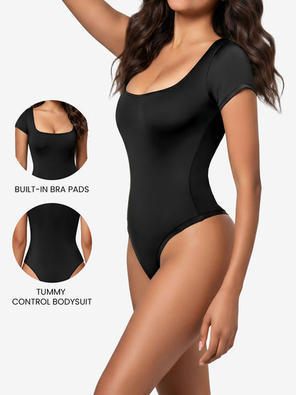 Square Neck Solid Color Short Sleeve Bodysuit