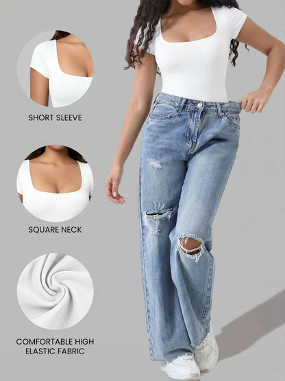 Square Neck Solid Color Short Sleeve Bodysuit