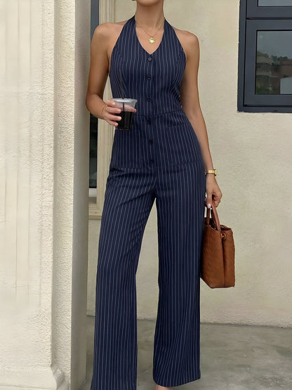 Striped Halter Neck Backless Sleeveless Jumpsuit