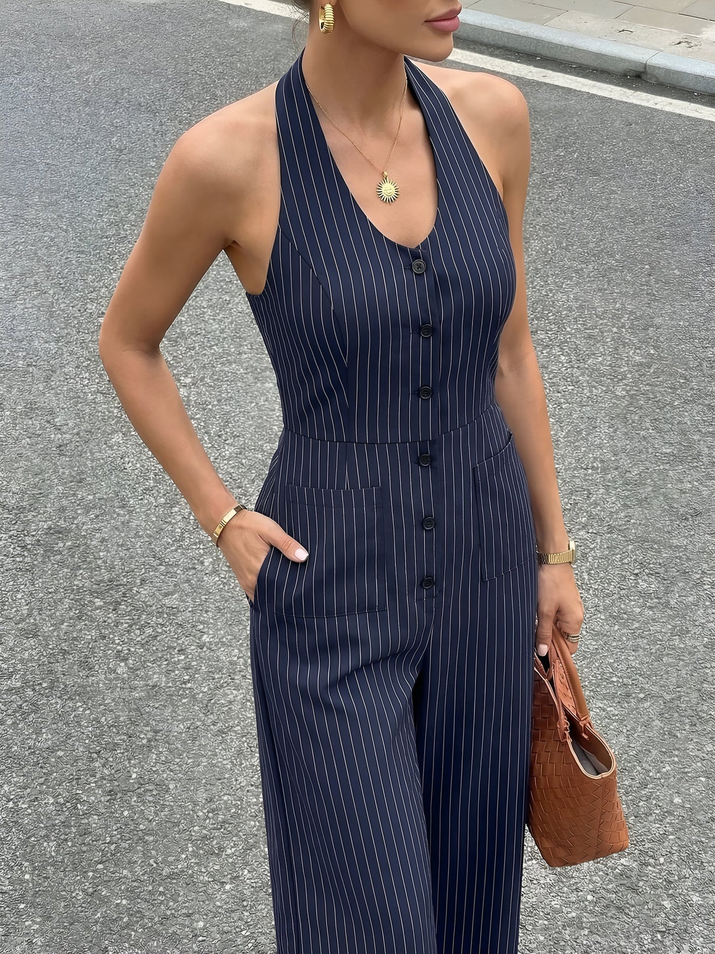 Striped Halter Neck Backless Sleeveless Jumpsuit