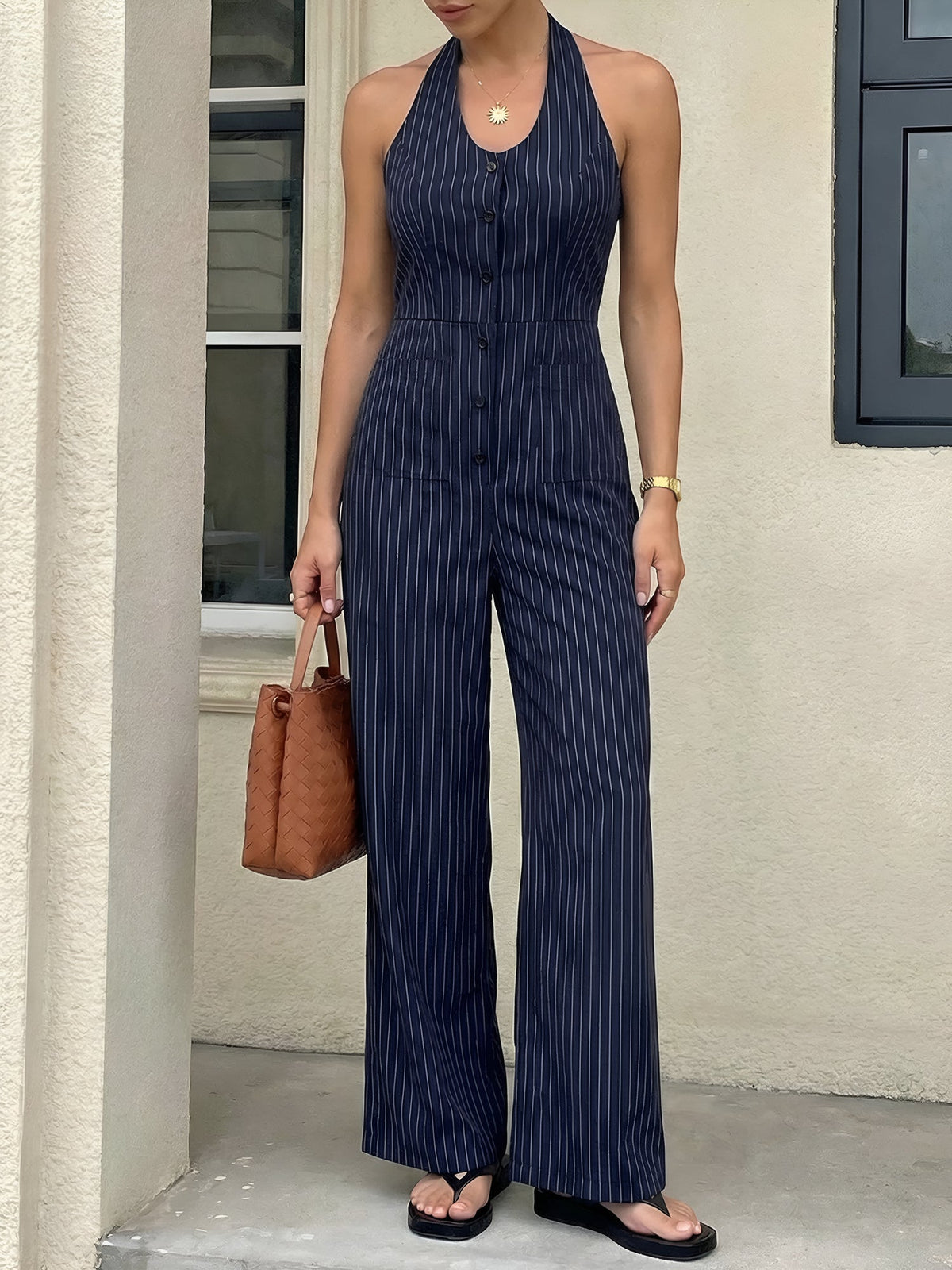 Striped Halter Neck Backless Sleeveless Jumpsuit