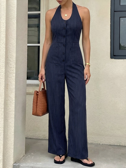 Striped Halter Neck Backless Sleeveless Jumpsuit