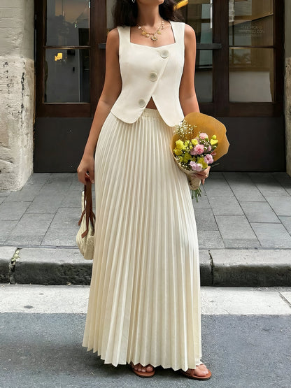 2 Pieces Sleeveless Buttoned Cropped Top & Pleated Maxi Skirt Matching Set