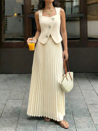 2 Pieces Sleeveless Buttoned Cropped Top & Pleated Maxi Skirt Matching Set