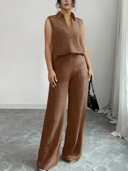 2 Pieces Collar Sleeveless Top & Loose Straight Leg Pants Matching Set