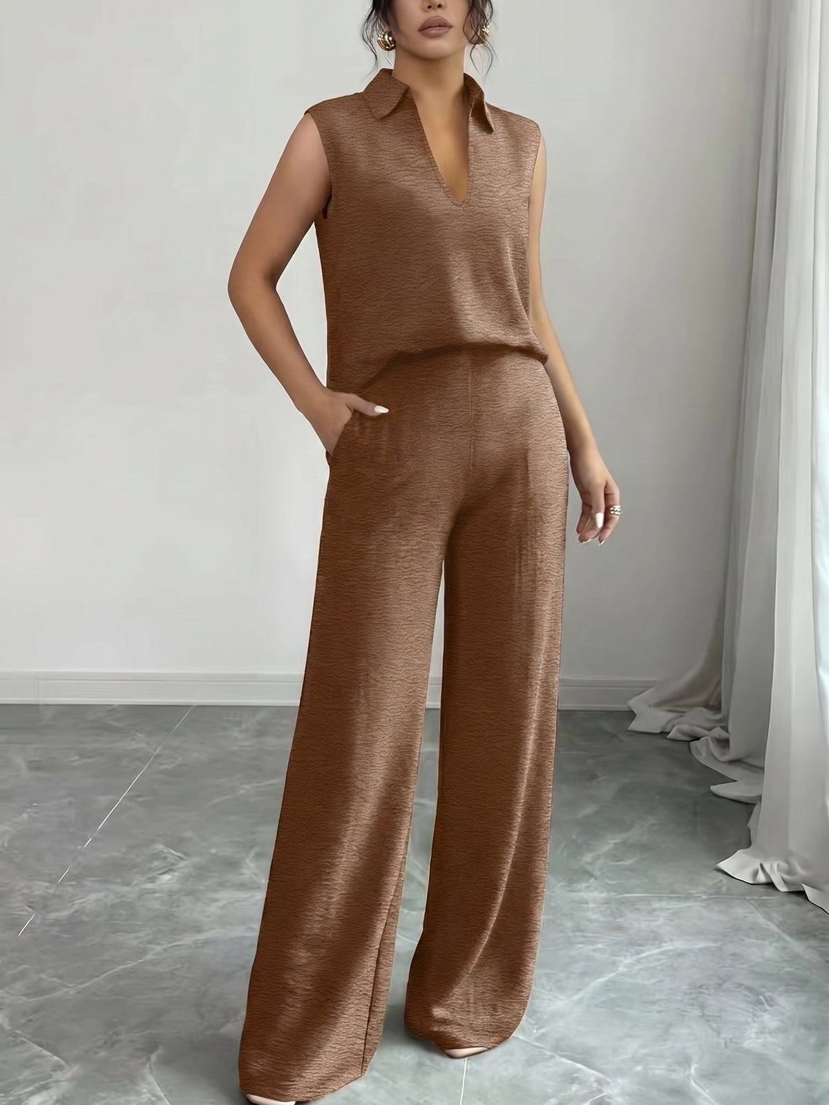 2 Pieces Collar Sleeveless Top & Loose Straight Leg Pants Matching Set