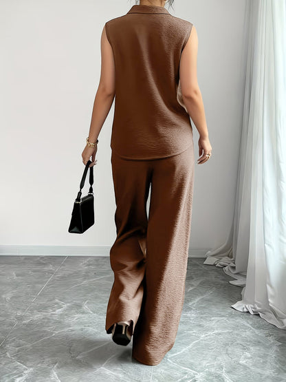 2 Pieces Collar Sleeveless Top & Loose Straight Leg Pants Matching Set