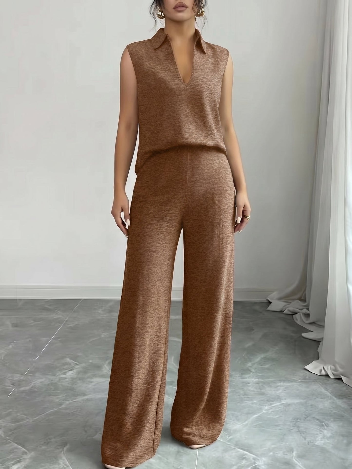 2 Pieces Collar Sleeveless Top & Loose Straight Leg Pants Matching Set