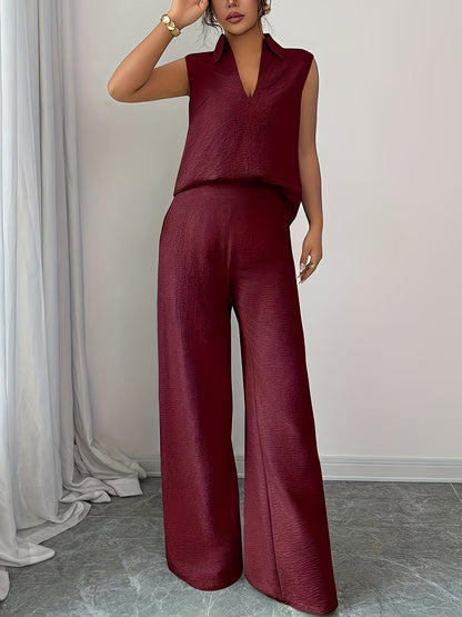 2 Pieces Collar Sleeveless Top & Loose Straight Leg Pants Matching Set