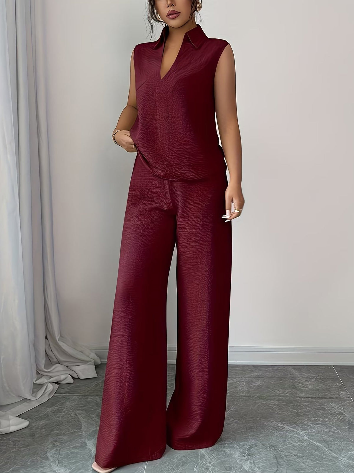 2 Pieces Collar Sleeveless Top & Loose Straight Leg Pants Matching Set
