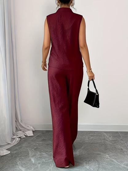 2 Pieces Collar Sleeveless Top & Loose Straight Leg Pants Matching Set