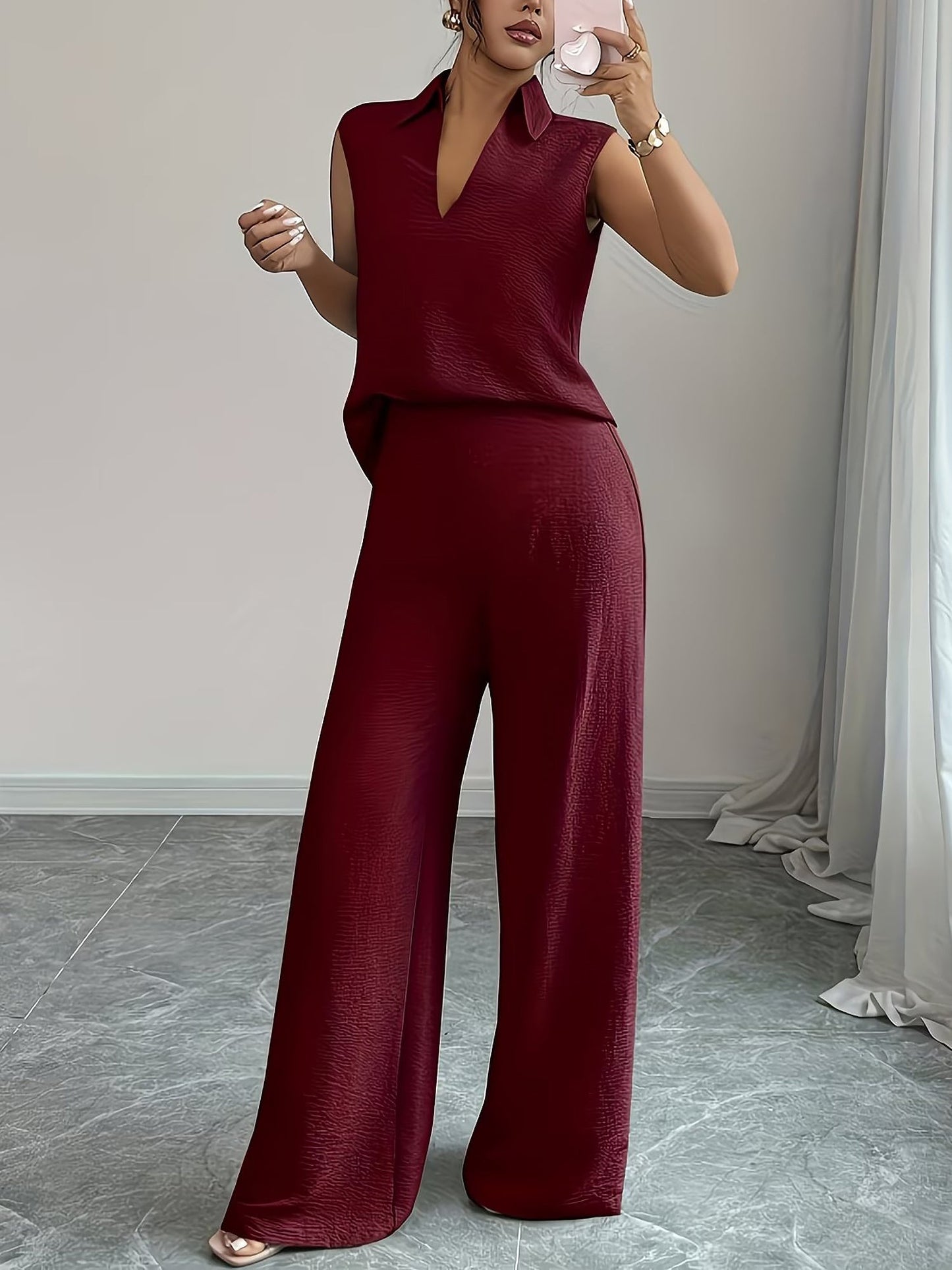 2 Pieces Collar Sleeveless Top & Loose Straight Leg Pants Matching Set