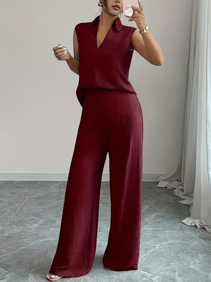 2 Pieces Collar Sleeveless Top & Loose Straight Leg Pants Matching Set