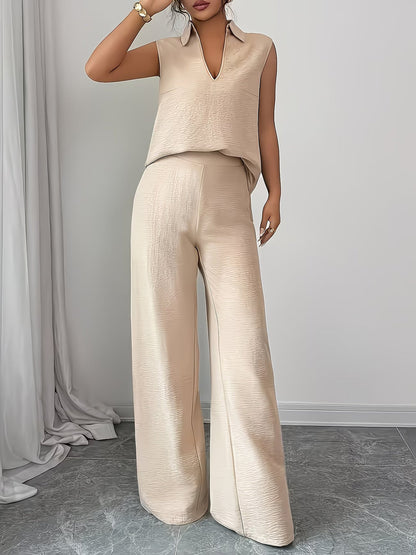 2 Pieces Collar Sleeveless Top & Loose Straight Leg Pants Matching Set