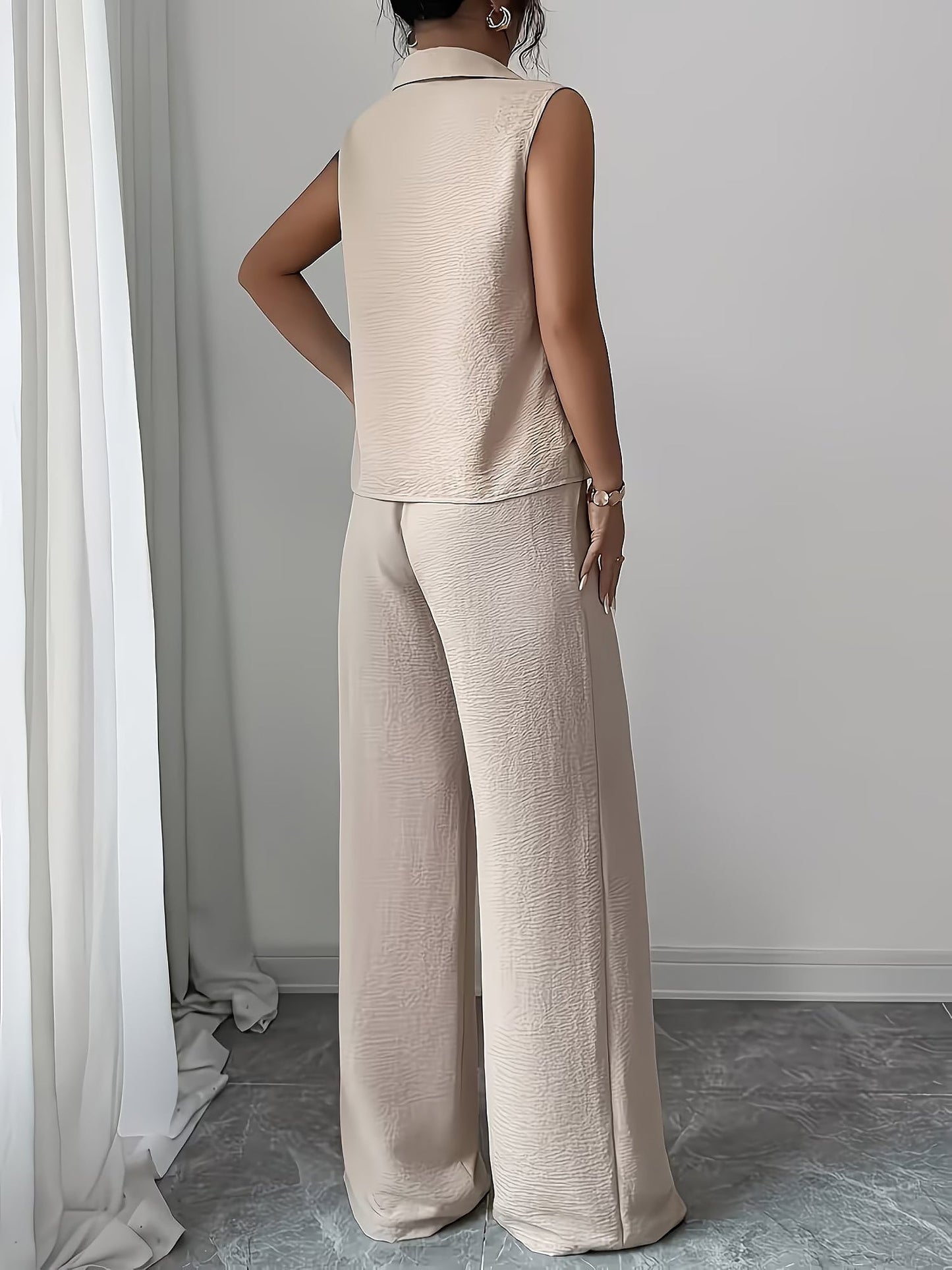 2 Pieces Collar Sleeveless Top & Loose Straight Leg Pants Matching Set