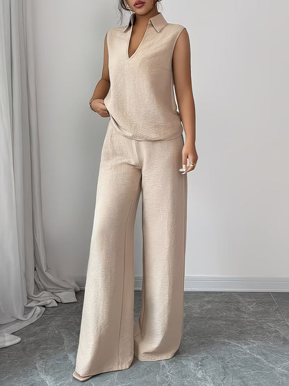 2 Pieces Collar Sleeveless Top & Loose Straight Leg Pants Matching Set