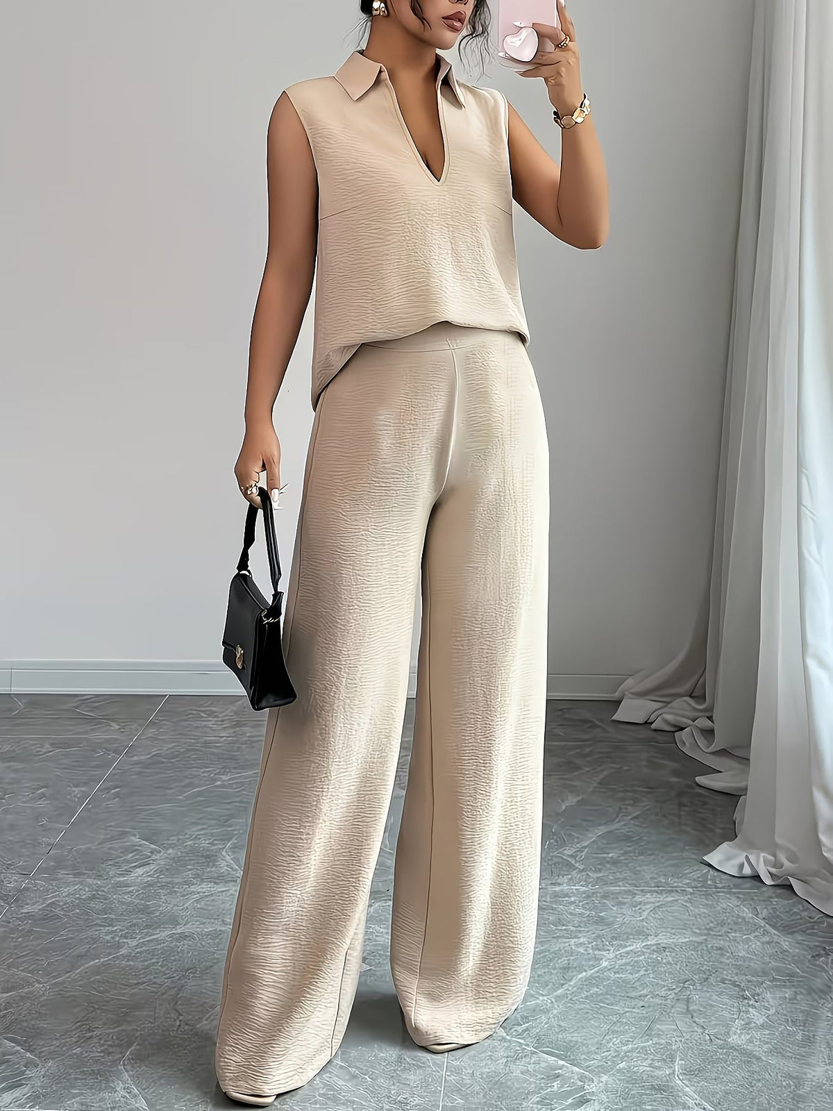 2 Pieces Collar Sleeveless Top & Loose Straight Leg Pants Matching Set