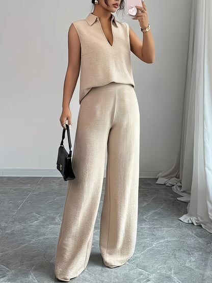 2 Pieces Collar Sleeveless Top & Loose Straight Leg Pants Matching Set