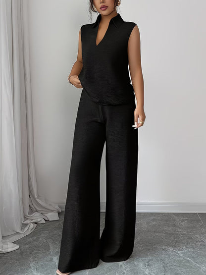 2 Pieces Collar Sleeveless Top & Loose Straight Leg Pants Matching Set