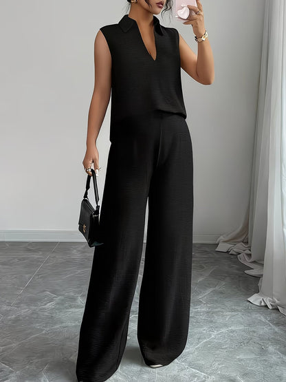 2 Pieces Collar Sleeveless Top & Loose Straight Leg Pants Matching Set