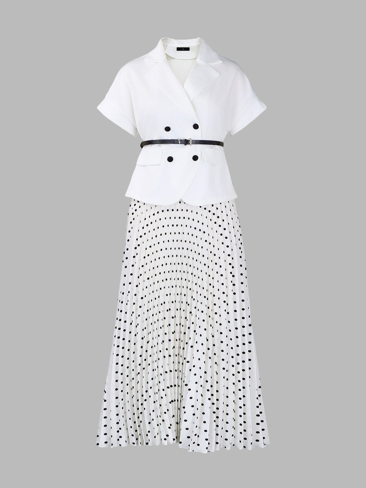 2 Pieces Notch Lapel Short Sleeves Belted Blazer & Polka Dot Pleated Skirt Matching Set