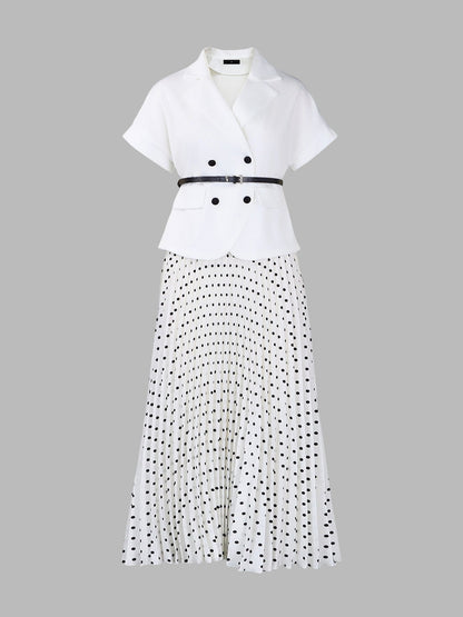 2 Pieces Notch Lapel Short Sleeves Belted Blazer & Polka Dot Pleated Skirt Matching Set