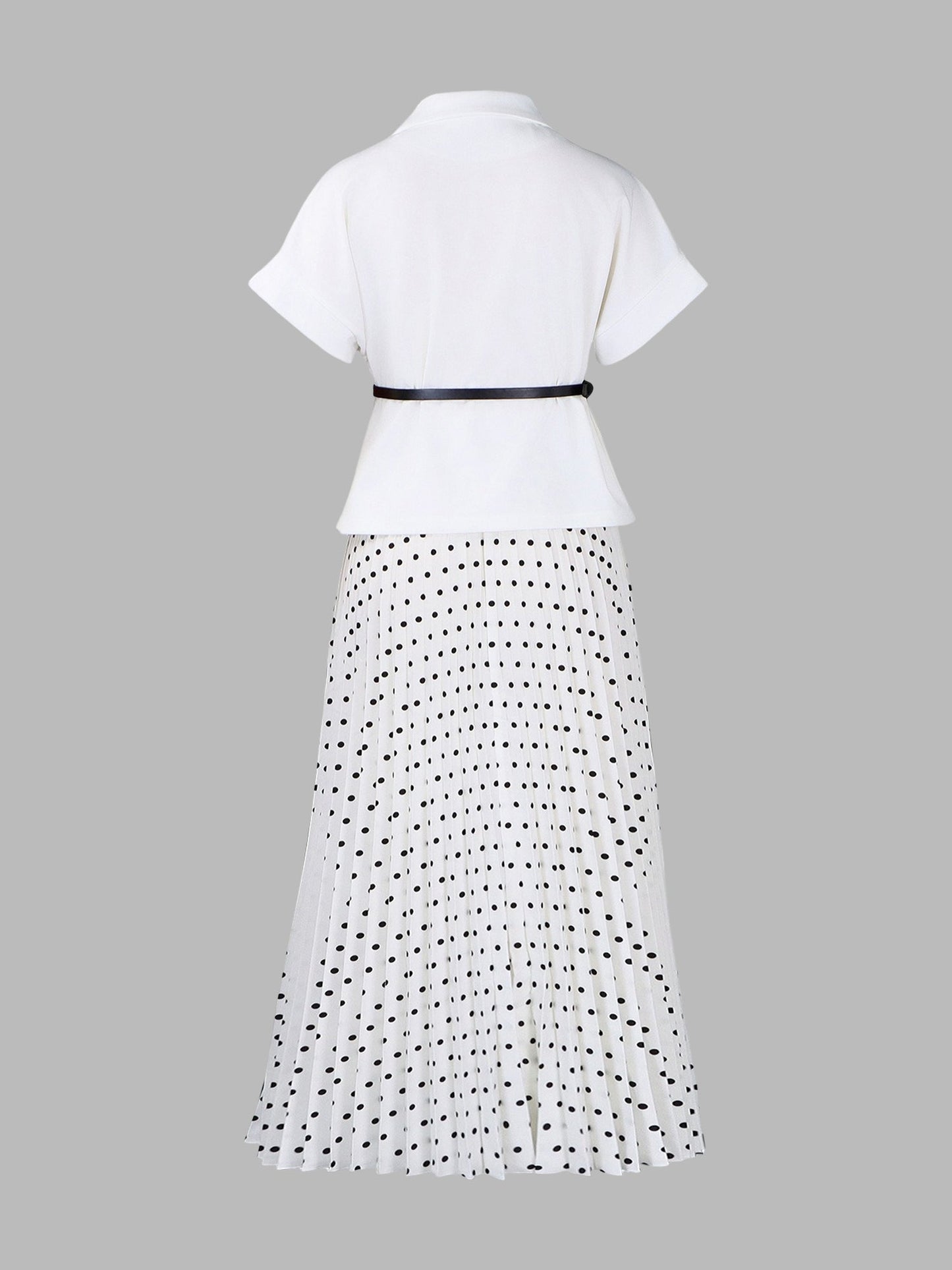2 Pieces Notch Lapel Short Sleeves Belted Blazer & Polka Dot Pleated Skirt Matching Set