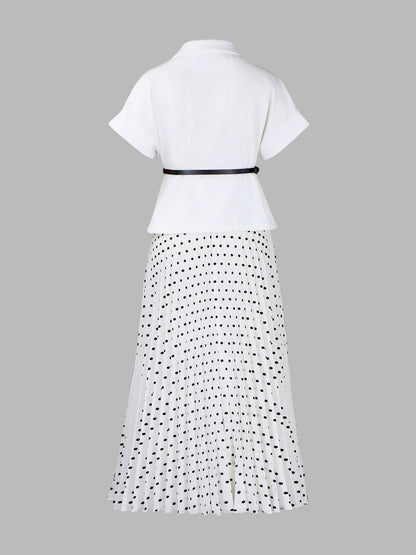 2 Pieces Notch Lapel Short Sleeves Belted Blazer & Polka Dot Pleated Skirt Matching Set