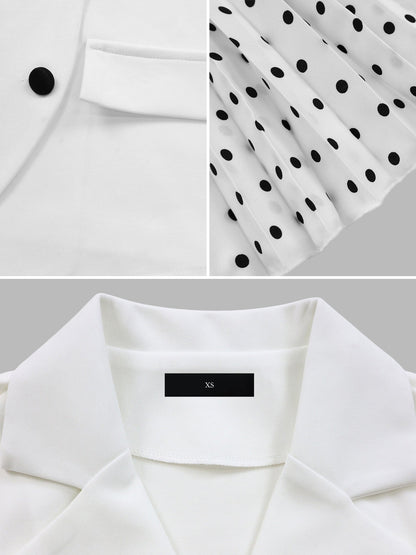 2 Pieces Notch Lapel Short Sleeves Belted Blazer & Polka Dot Pleated Skirt Matching Set