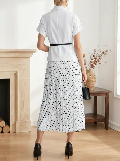 2 Pieces Notch Lapel Short Sleeves Belted Blazer & Polka Dot Pleated Skirt Matching Set