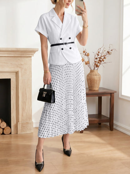 2 Pieces Notch Lapel Short Sleeves Belted Blazer & Polka Dot Pleated Skirt Matching Set