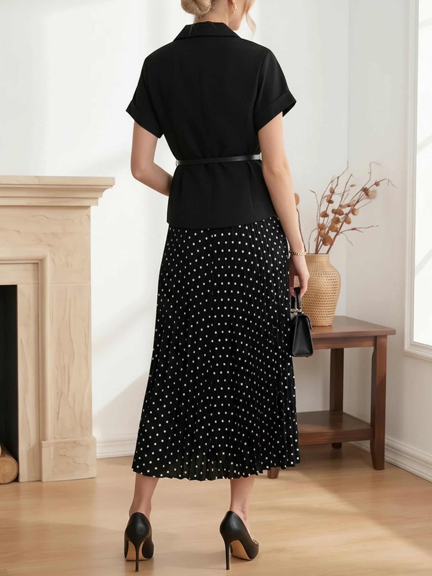 2 Pieces Notch Lapel Short Sleeves Belted Blazer & Polka Dot Pleated Skirt Matching Set