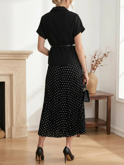 2 Pieces Notch Lapel Short Sleeves Belted Blazer & Polka Dot Pleated Skirt Matching Set