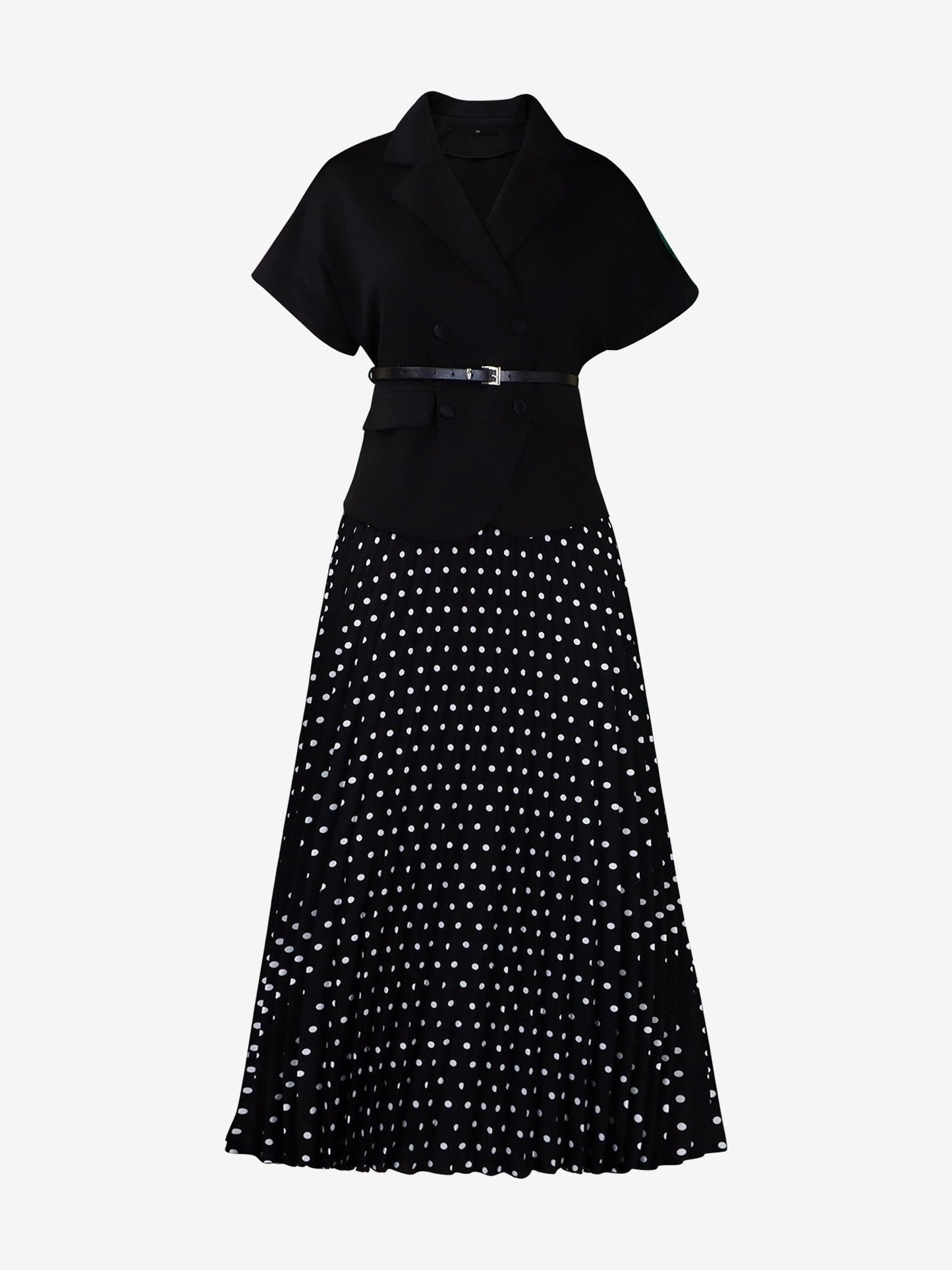 2 Pieces Notch Lapel Short Sleeves Belted Blazer & Polka Dot Pleated Skirt Matching Set